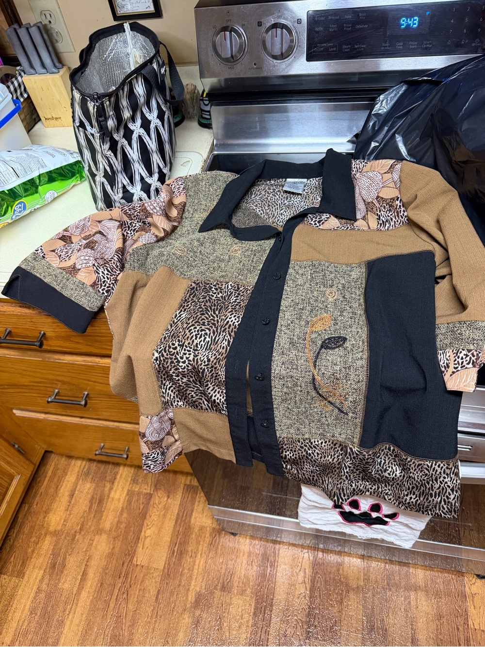Womens Short Sleeve Patchwork Button-Up 3/4 sleeve  - Brown/Black